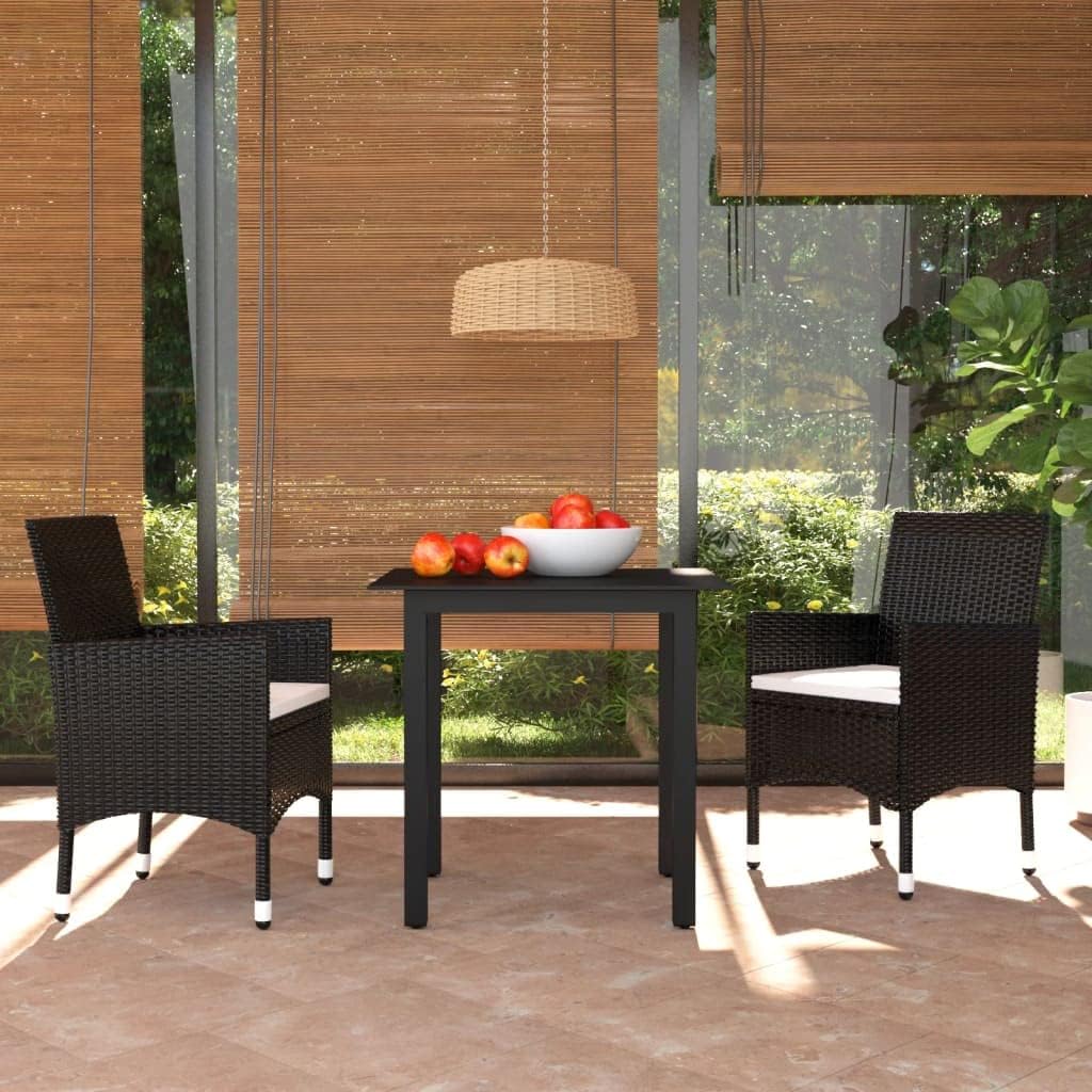 3 Piece Patio Dining Set with Cushions Poly Rattan Black,Outdoor Patio Dining Set with Glass Tabletop and Comfortable Cushions Patio Furniture Sets, Outdoor Furniture Sets