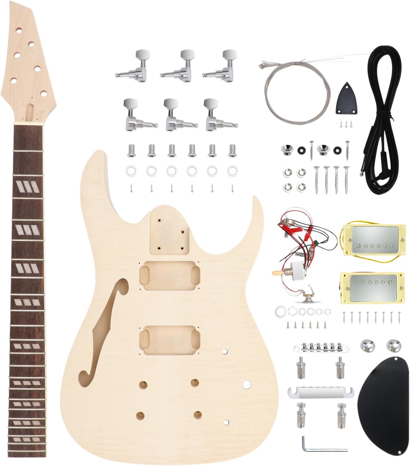 DIY Electric Guitar Kit Beginner Kit 6 String Right Handed with Flamed Maple Veneer Top Basswood Body Hard Maple Neck Rosewood Fingerboard Chrome Hardware Build Your Own Guitar.