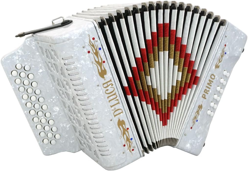 D'Luca D3112-GCF-WH Primo Button Accordion 31 Keys 12 Bass on GCF Key with Case and Straps, White