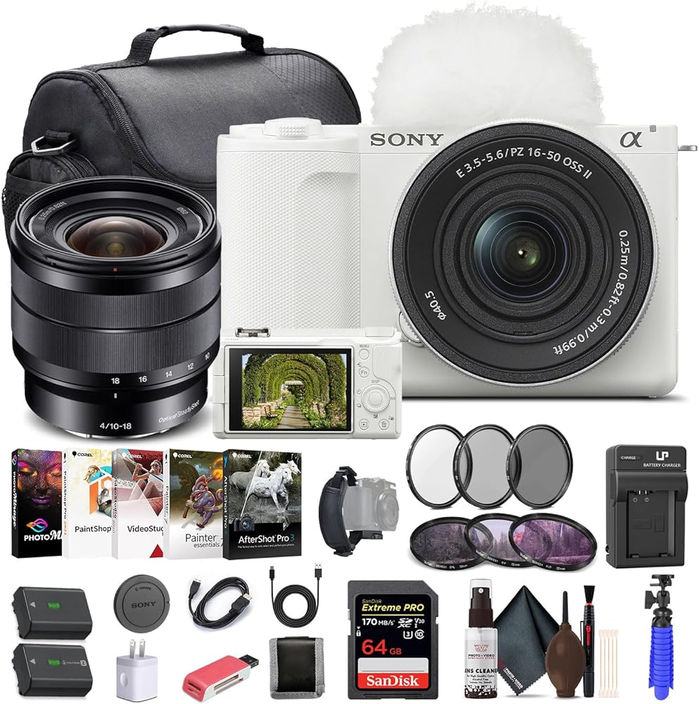 Sony Alpha ZV-E10 II Mirrorless Camera with 16-50mm Lens (White) (ZVE10M2KW) - Sony E 10-18mm Lens, 64GB Memory Card, Filter Kit, Photo Software, Bag, NP-FZ100 Battery, External Charger, More