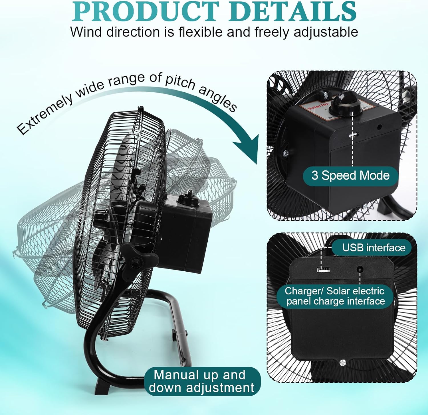 15000Mah 12 Inch Solar Panel Powered Fan, 2 in 1 Solar Panel or AC Charger Powered Fan 12W 9V Portable for Chicken Coop Greenhouse Household Exhaust Camping Travel Outdoor(Black)