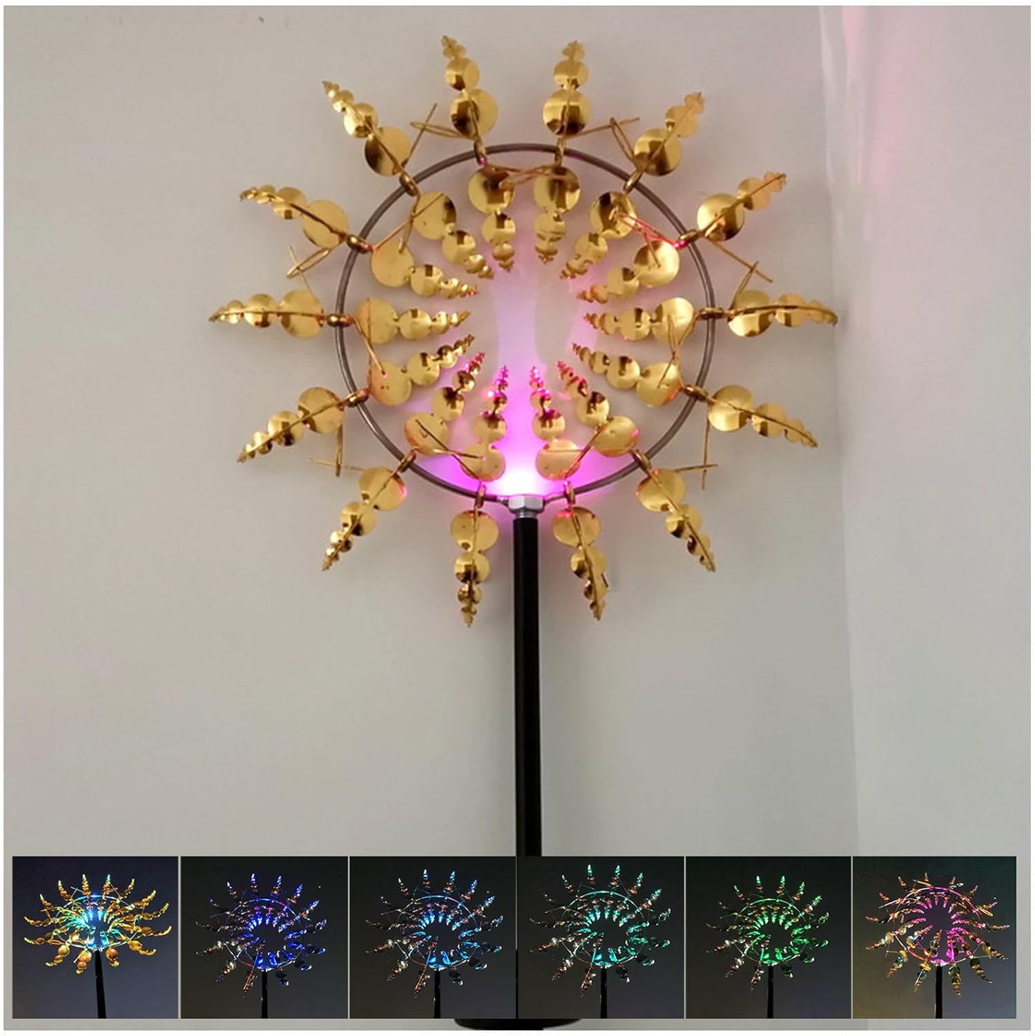 Solar Magical Metal Windmill, Metal Wind Sculptures 3D Wind Powered, 13.4 x 71in Large Wind Spinner,Gold