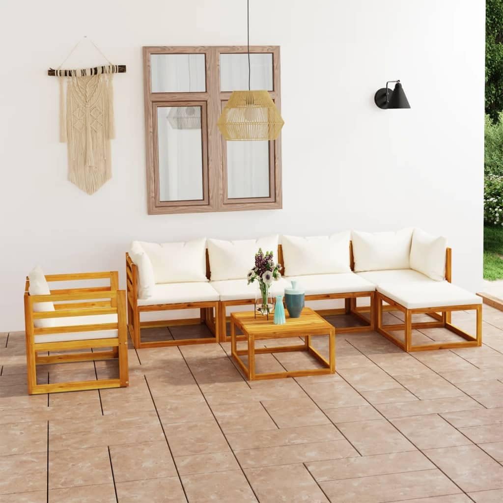 7 Piece Patio Lounge Set with Cushion Cream Solid Acacia Wood,Acacia Wood Lounge Set with Cushions for Patio or Garden Weather Resistant and Modular Patio Furniture Sets, Outdoor Furniture Sets