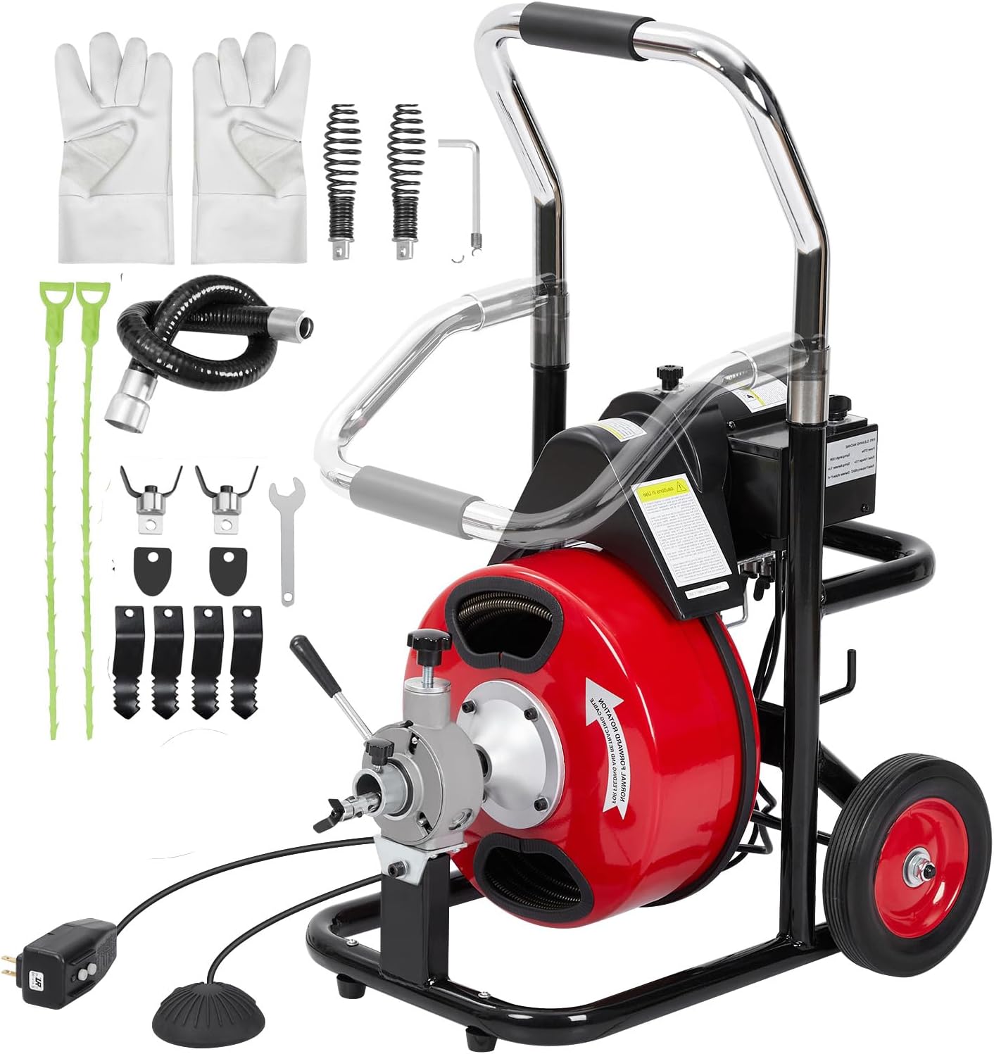 K-300ZF 100FT Drain Cleaner Machine, 3/8 Inch Stainless Steel Professional Drain Auger with 4 Cutters & Foot Switch, Heavy Duty Drain Snake for 1-4 Inch Pipes, Main Line Clog Removal Tool