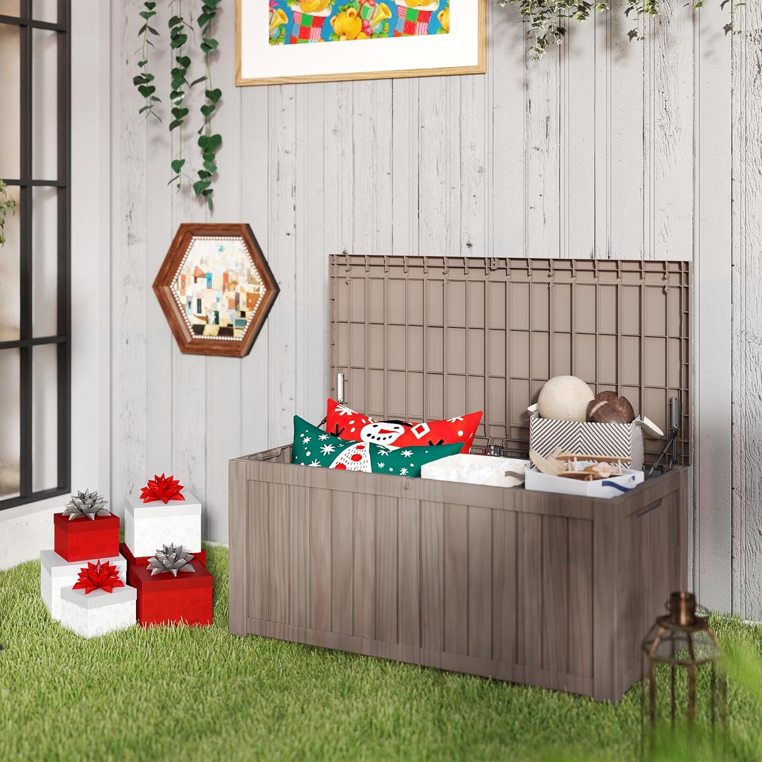 150 Gallon Outdoor Storage Box Waterproof, Resin Deck Boxes with Lockable Lid & UV-Resistant for Patio, Pool, Garden Furniture Cushions & Accessories, Coffee