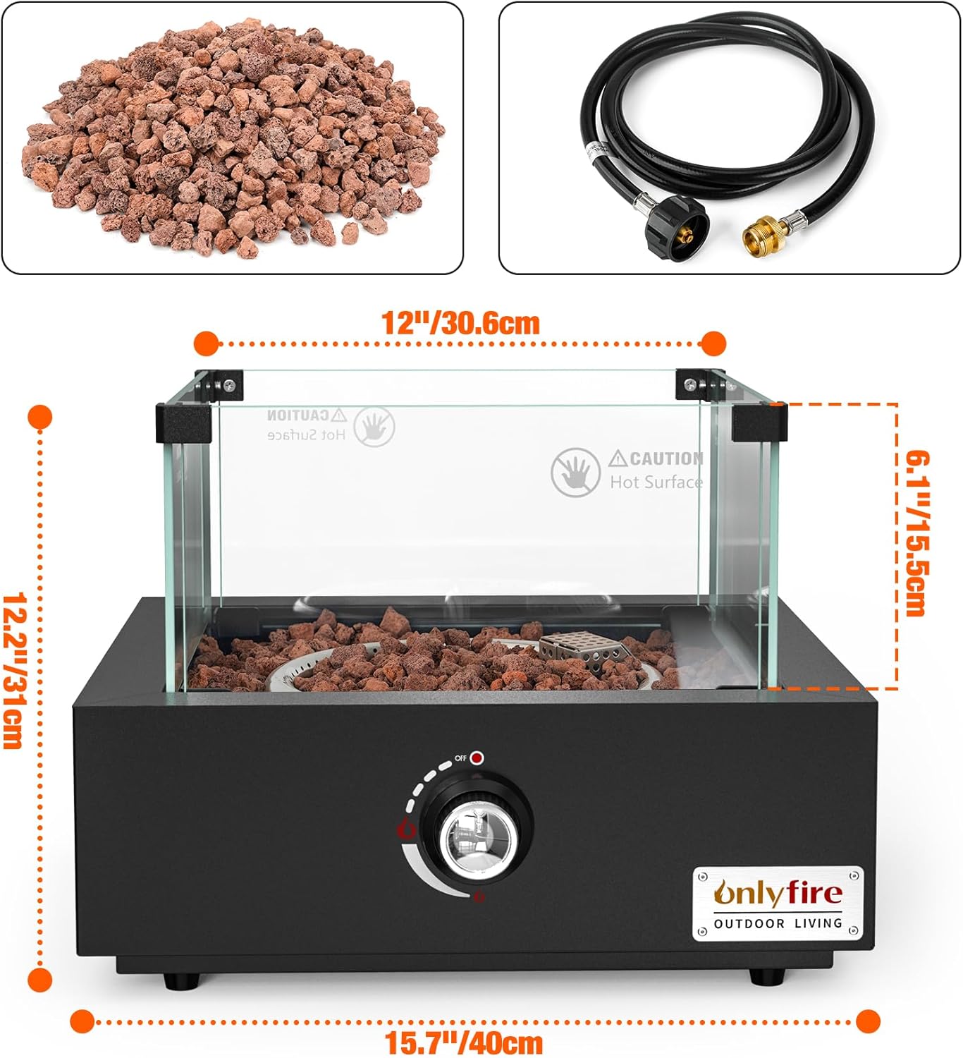 ONLYFIRE OUTDOOR LIVING Propane Gas Fire Pit with Glass Wind Guard & Lava Rocks, Portable Smokeless Gas Firepit Side-Mounted for Patio Backyard Camping Bonfire RV Tailgating, Square FP040
