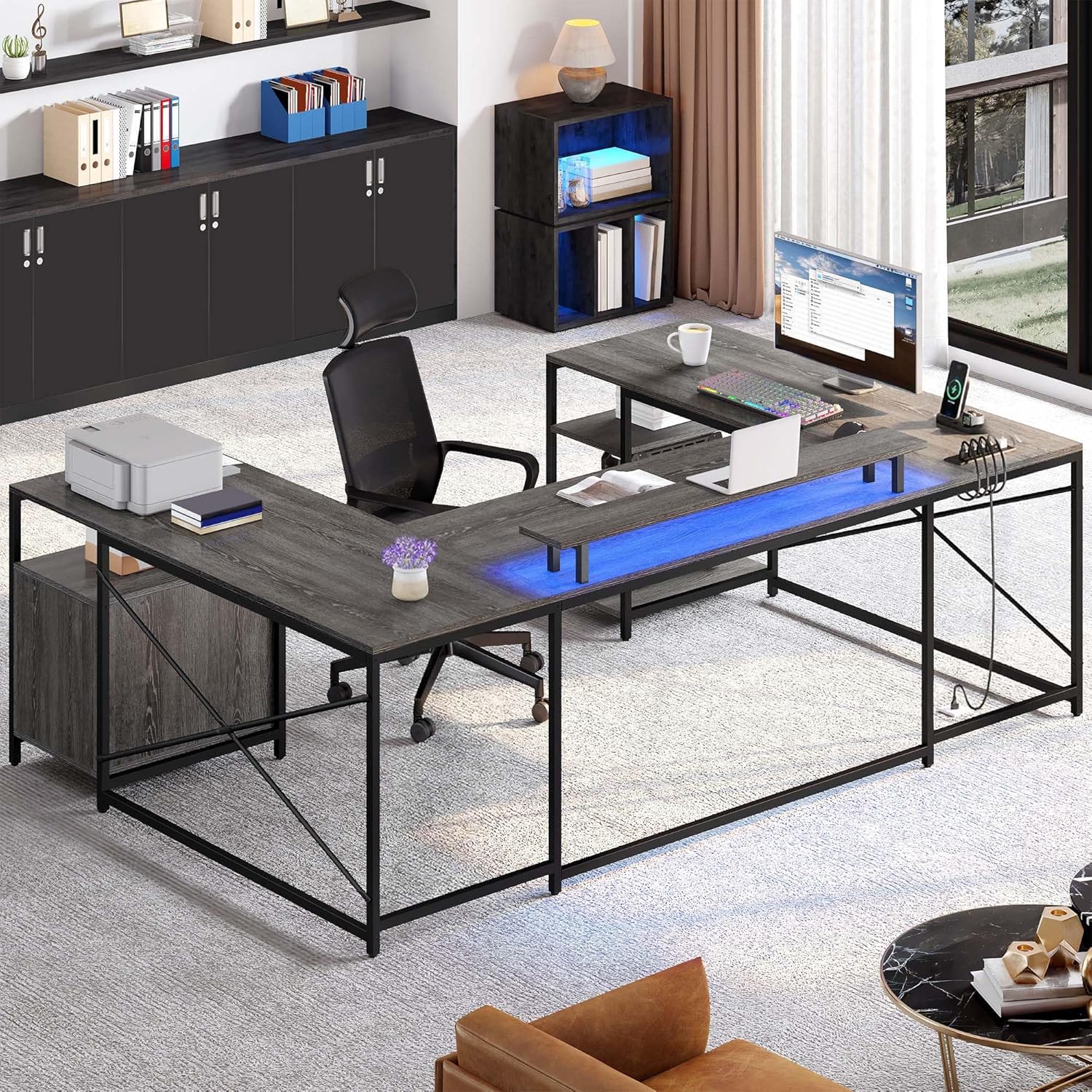 YITAHOME U Shaped Desk with Power Outlets & LED Lights, 79