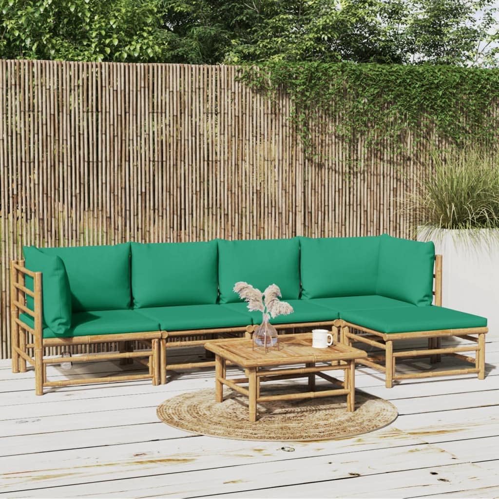 6 Piece Patio Lounge Set with Green Cushions Bamboo,Elegant Bamboo Patio Lounge Set: Comfort and Style for Outdoor Spaces Furniture Sets for Patio, Lawn & Garden