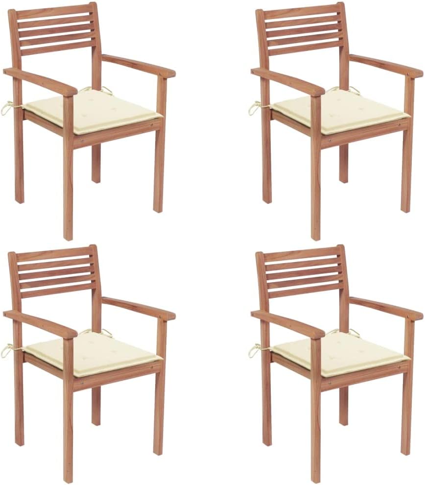 Patio Chairs 4 pcs with Cream Cushions Solid Teak Wood Outdoor Furniture, Outdoor Chairs