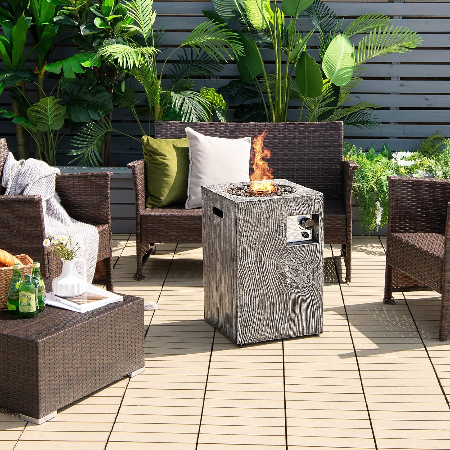 COSTWAY 16-Inch Outdoor Propane Fire Pit, 30,000 BTU Patiojoy Electronic Ignition Square Gas Fire Pit with Protective Cover, Lava Rocks, Touch-up Pen for Backyard, Grey