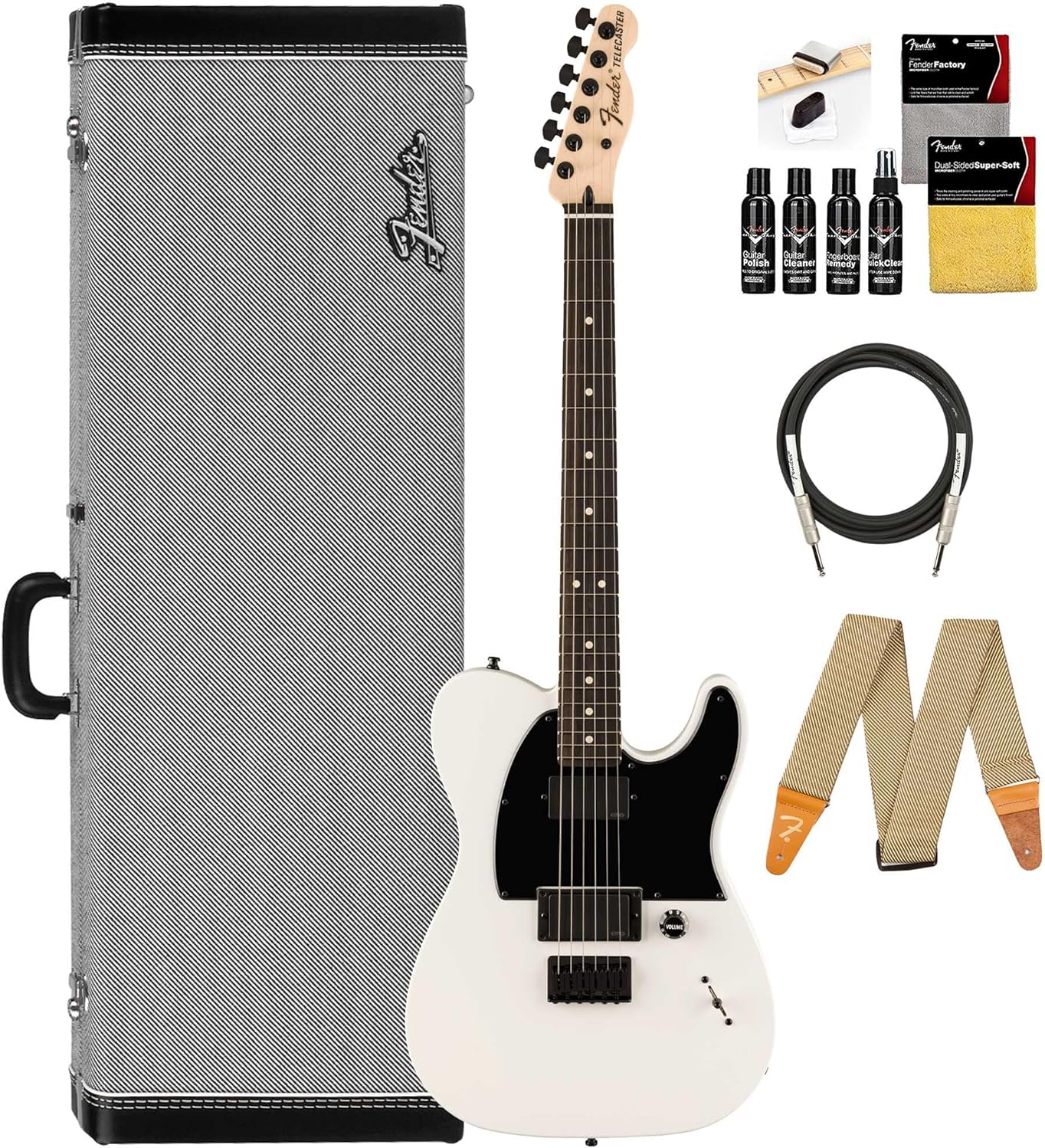 Fender Jim Root Telecaster - Flat White Bundle with Deluxe Black Tweed Hard Case, Cable, Strap and Guitar Cleaning Kit