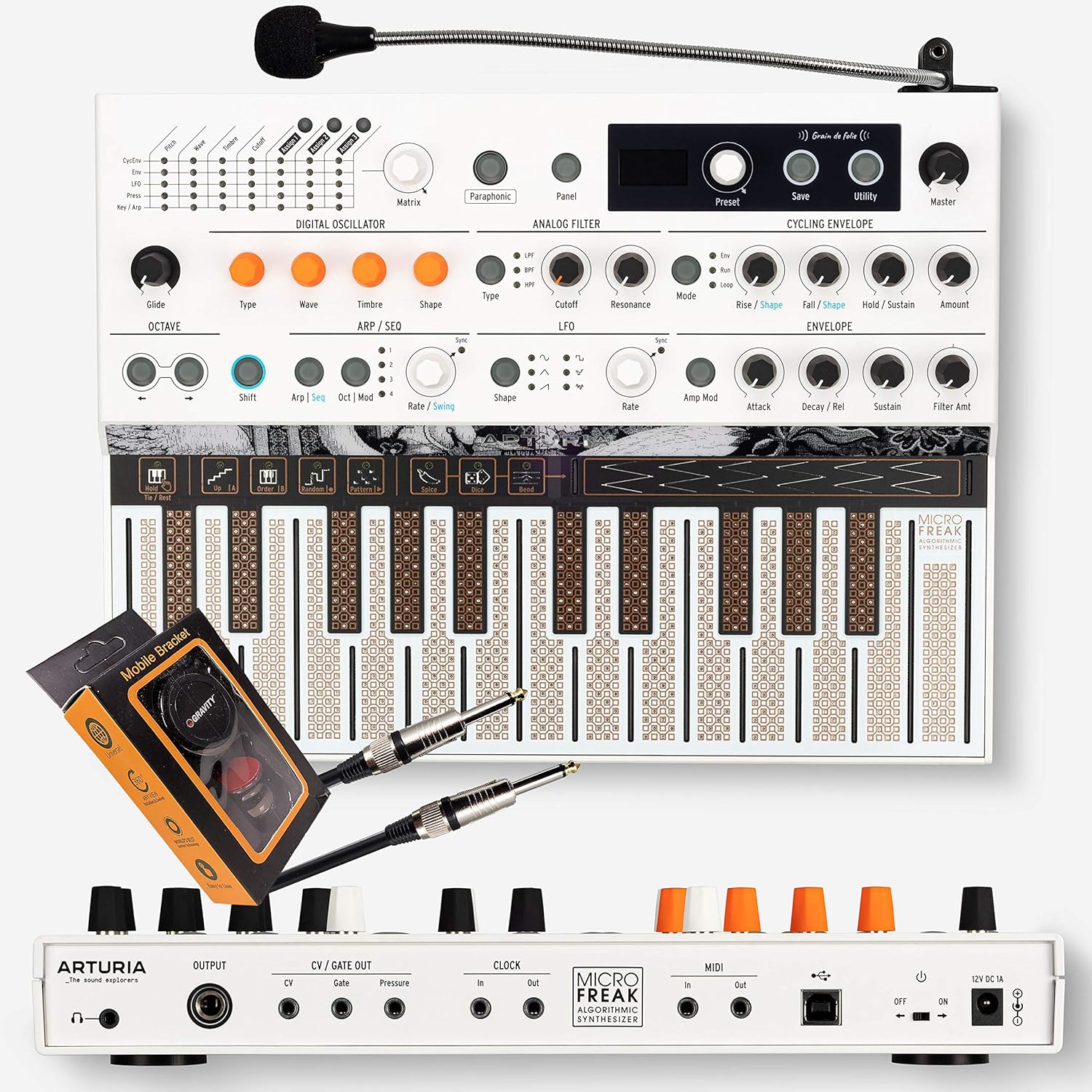 Arturia MicroFreak Vocoder Edition Hybrid Synthesizer 25-key Paraphonic Hybrid Hardware Synth and Vocoder with Poly-aftertouch Flat Keyboard and Gravity Phone Holder and EMB Cable Bundle