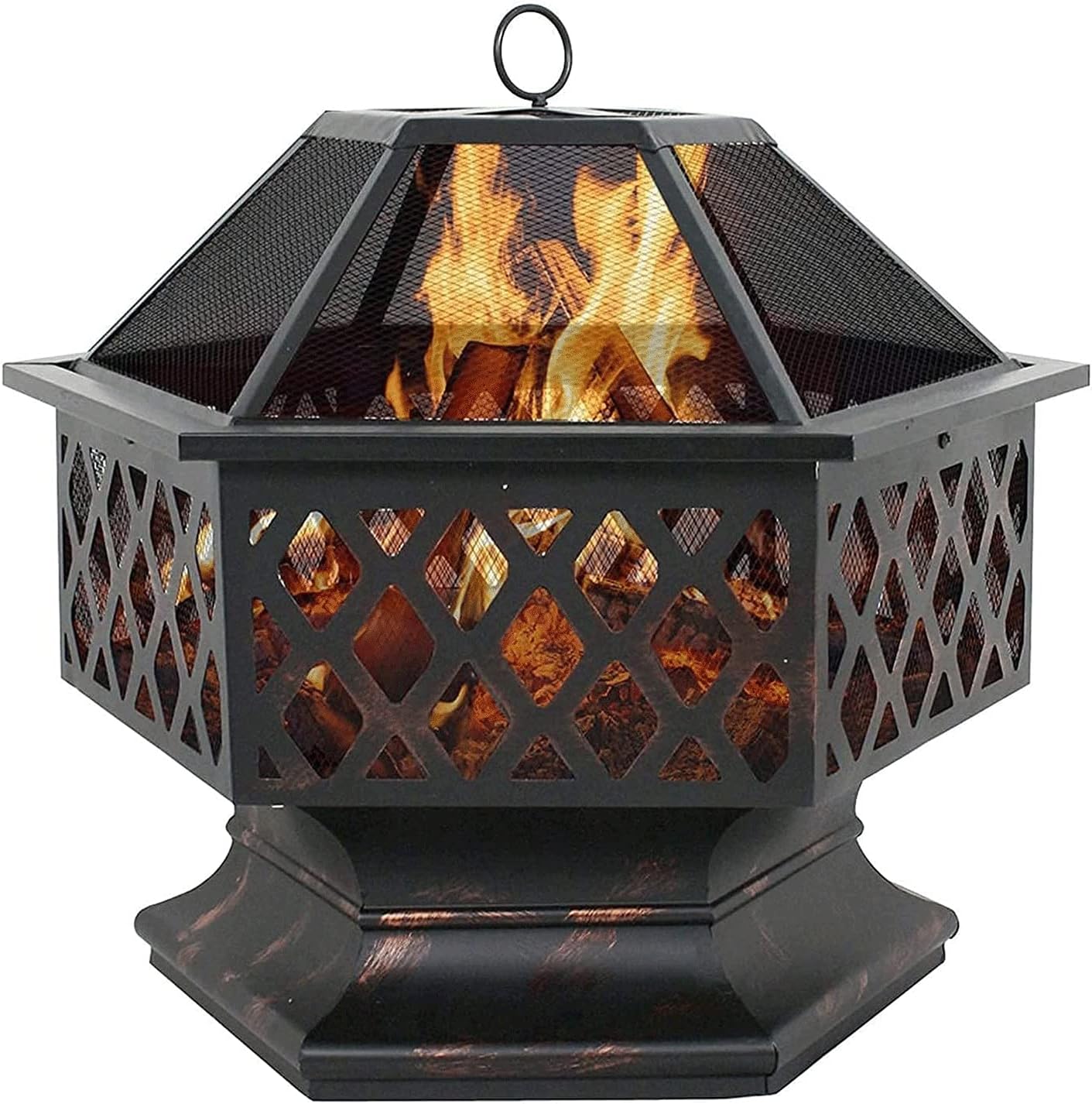 Fire Pit Outdoor Barbecue Heater Hexagon Steel Fire Pit with BBQ Grill Shelf Outdoor Metal Brazier Heater for Bonfire Firebowl for Outside Camping Patio Garden Backyard Picnic
