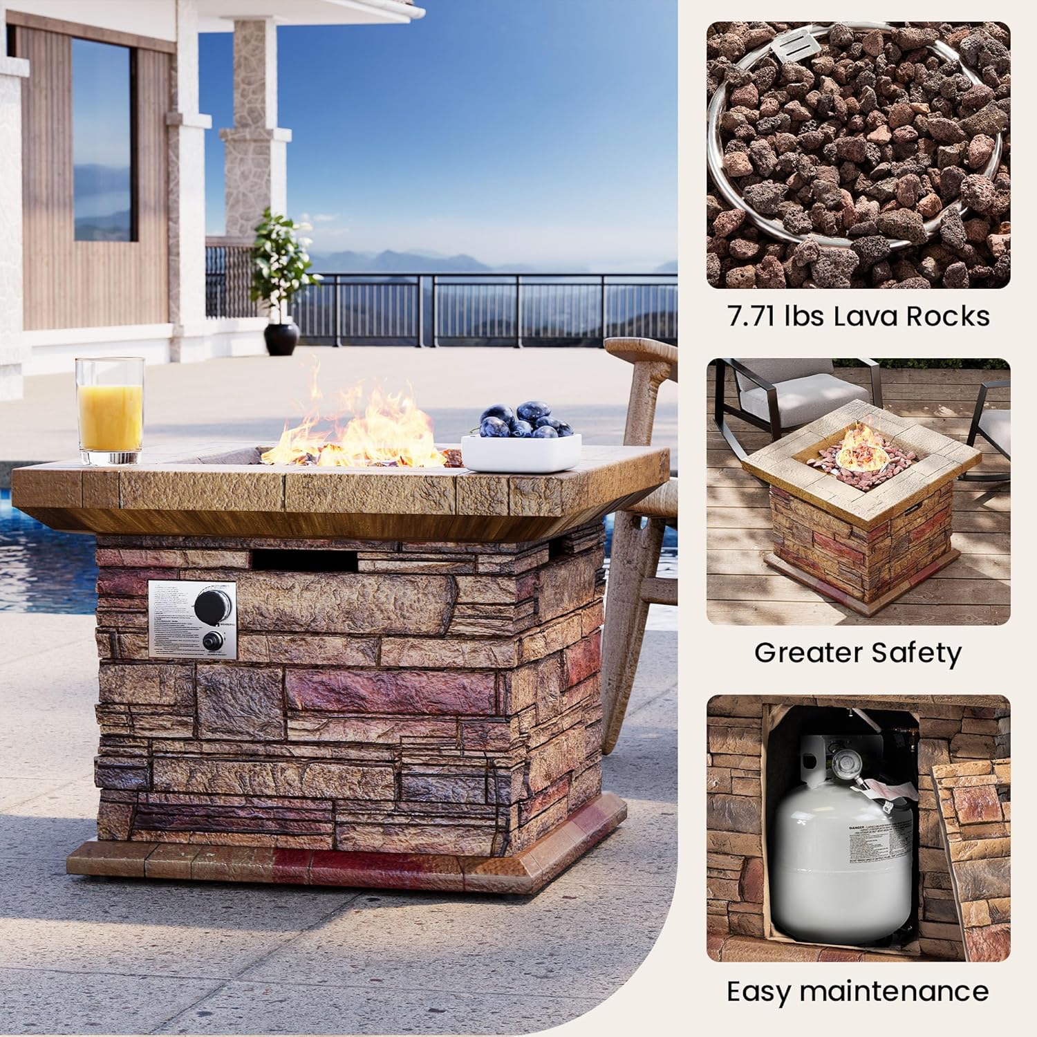 SUNBURY Outdoor 35 Inch Propane Fire Pit Table, Square Patio Fire Table 50,000 BTU Concrete Fire Table w Brown Fire Glass