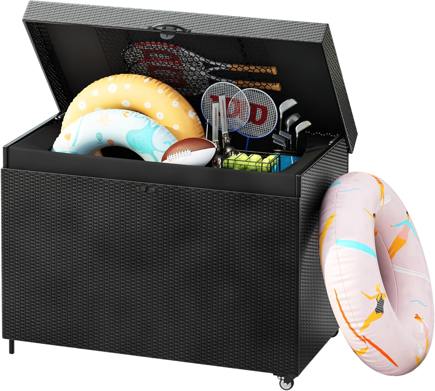 230 Gallon Wicker Deck Box with Wheels, All Weather Outdoor Storage Box, Rattan Storage Cabinet for Patio Furniture, Outdoor Cushions, Pool and Gardening Tools Black