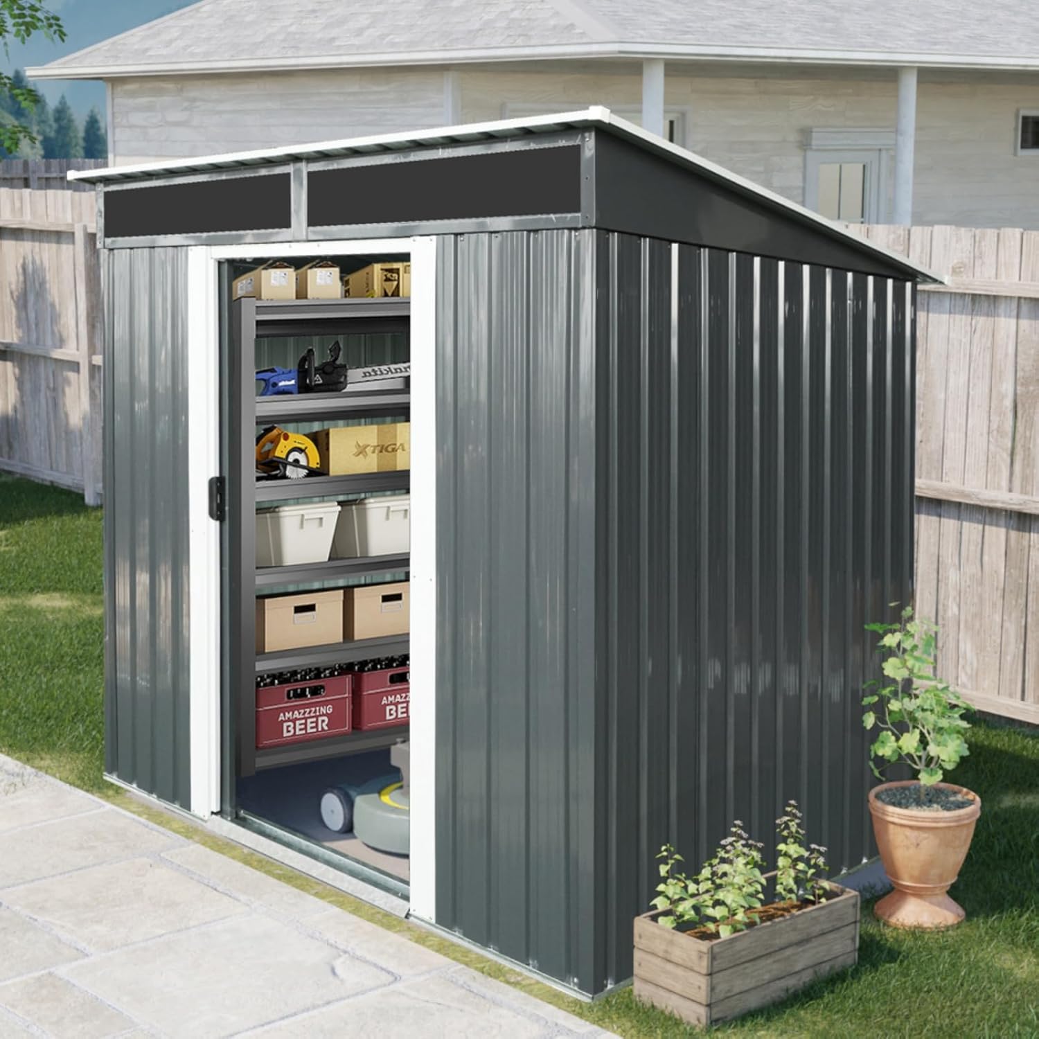 6 x 5FT Outdoor Metal Storage Shed with Window and Metal Foundation for Backyard & Garden Tools, Lawn, Patio, Garden Tool House with Double Sliding Doors, White & Grey (Black White)