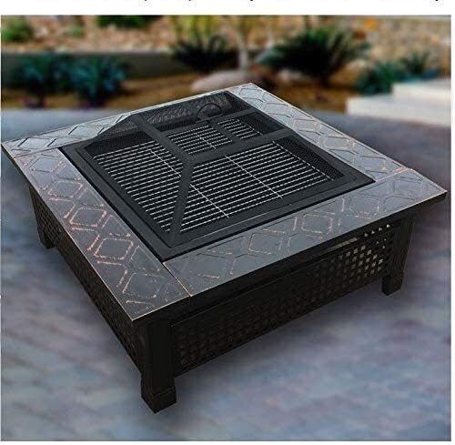 Outdoor Fire Pit 32'' Outdoor Fire Pit Table, Multi-Purpose Square Fireplace, Backyard Patio Garden Outside Wood Burning Heater with BBQ