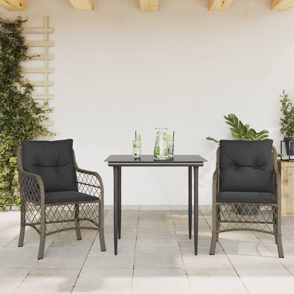 3 Piece Bistro Set with Cushions Gray Poly Rattan Garden Furniture