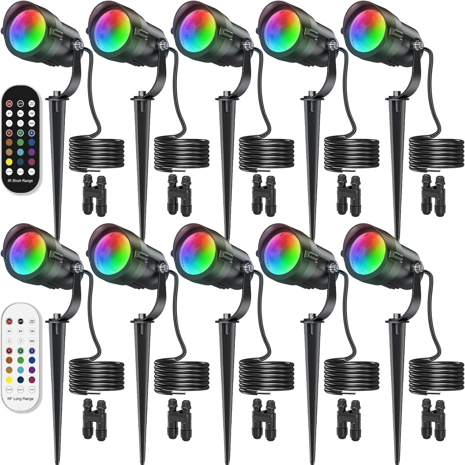 HIBOITEC RGBW Low Voltage Landscape Lighting 10Pack 12W with Remote Connectors Spotlights Landscape Lights 12-24V AC/DC Waterproof for House Yard Trees Outdoor Christmas(Transformers NOT Included)