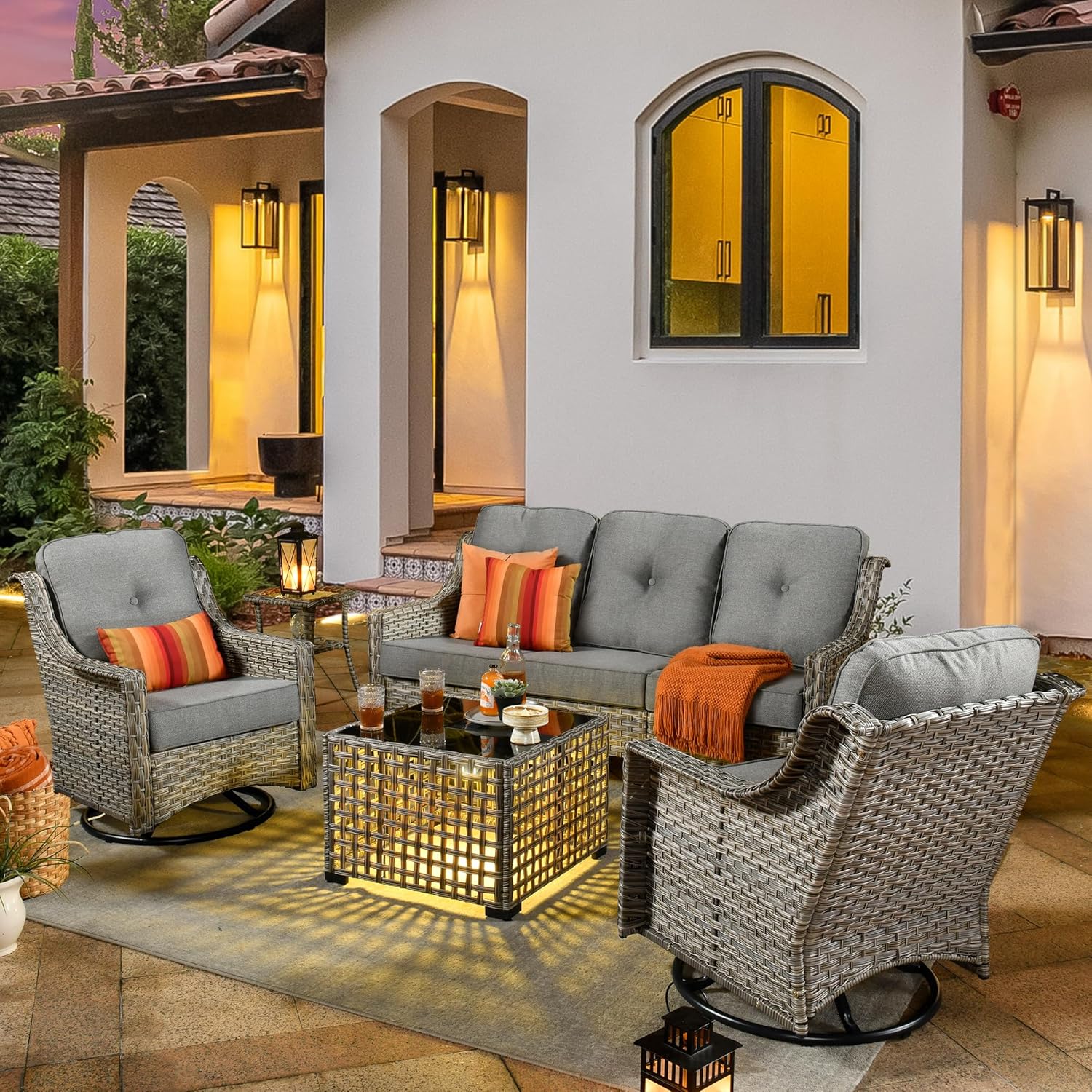 Patio Conversation Set,5 Pieces Wicker Patio Furnitures with Swivel Chair and Coffee Table,All Weather Patio Furniture Set for Garden,Backyard,Poolside and Patio,Dark Gray
