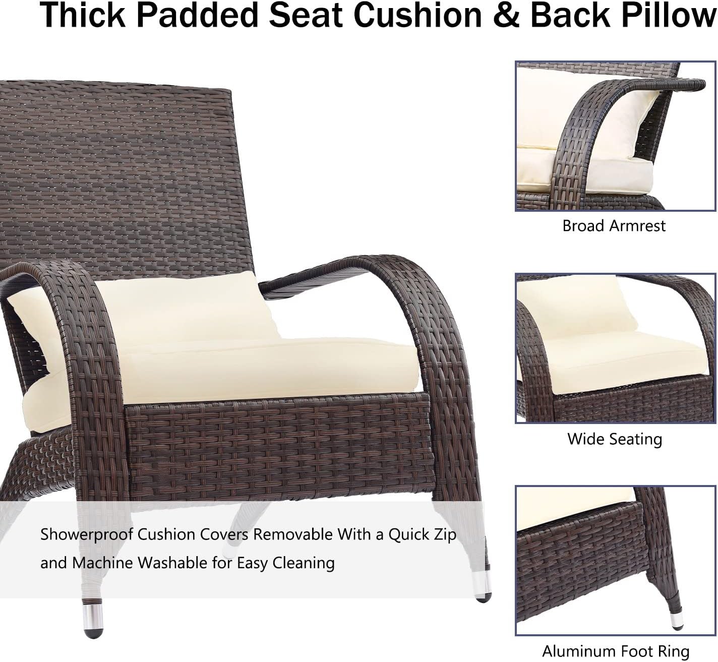 Outdoor Patio Wicker Adirondack Chair Outside Fire Pit Chairs Oversized Comfy Coconino Rattan Armchair Low Deep Seating High Back with Cushion and Pillow for Porch Deck Balcony Lawn Backyard Cream