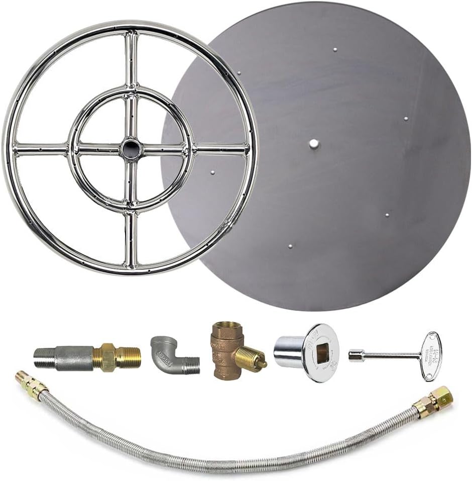 AFG Match Lit Fire Pit Burner Kit (SS-FR-12KIT-PAN-LP-MSCB), Round, 12-Inch Burner, 18-Inch Flat Pan, Propane, Polished Chrome, with Flange, Key, Valve, Flex Line and Fittings
