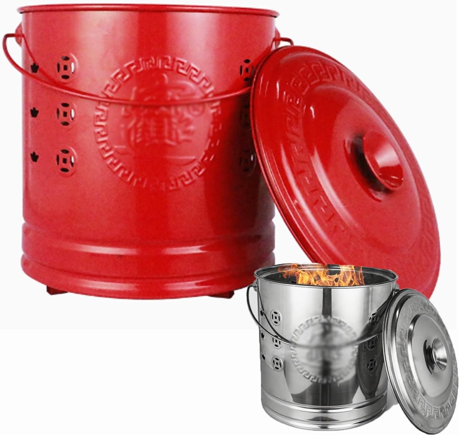 Stainless Steel Incinerator Cage with Lid, Stainless Steel Burn Barrel Incinerator, Burning Fire Bin, Burning Barrel, Including Grid Frame, Fire Hook, Liner (Red, Extra Large Plus)