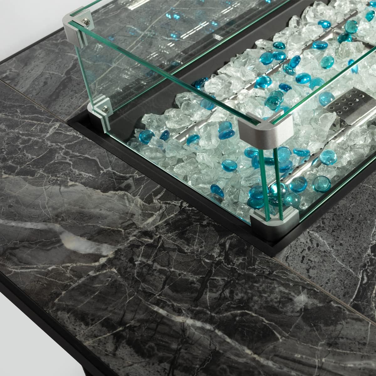 44in Outdoor Fire Pit Table with Natural Gas Conversion Kit, 50,000 BTU Auto-Ignition Gas Firepit with Glass Wind Guard, Marble Tile Tabletop, Mixed Color Glass Rocks, Brown PE Rattan…