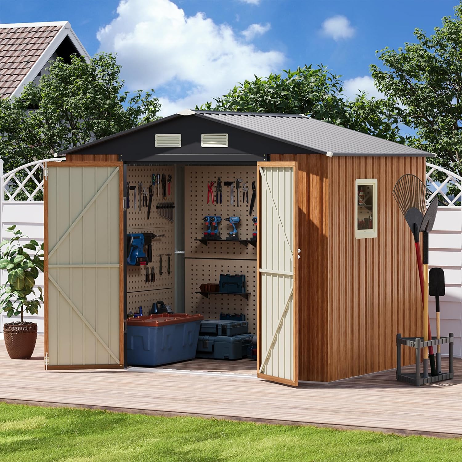 8x6 FT Outdoor Metal Shed, Storage Garden Shed with Lockable Doors and Window, Large Tool Shed for Backyard, Patio and Lawn