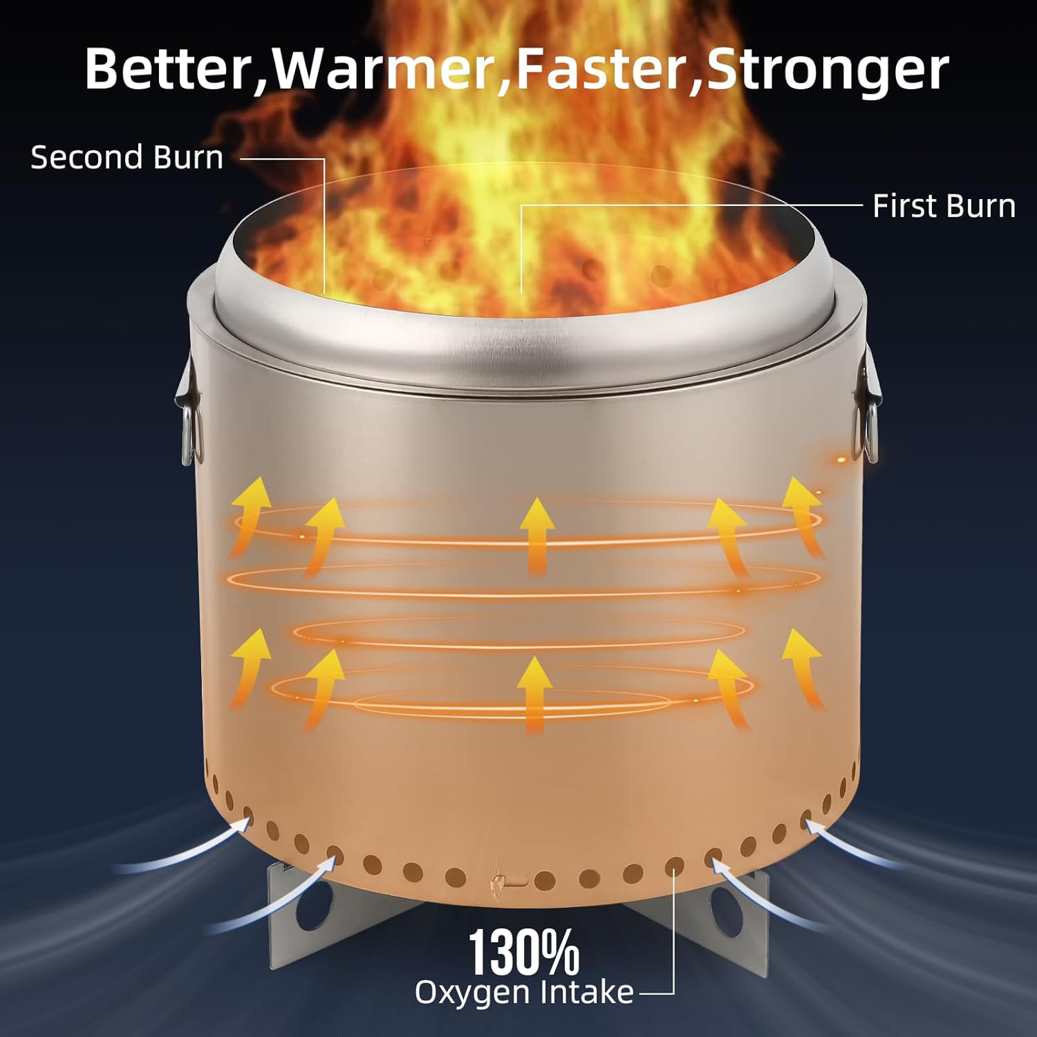 16.5 Inch Stainless Steel Smokeless Outdoor Fire Pit, Burning Wood, Particles,Coal, Removable Stand and Ash Pan, Perfect for Bonfire, Camping, Picnic, Family Gatherings for Garden