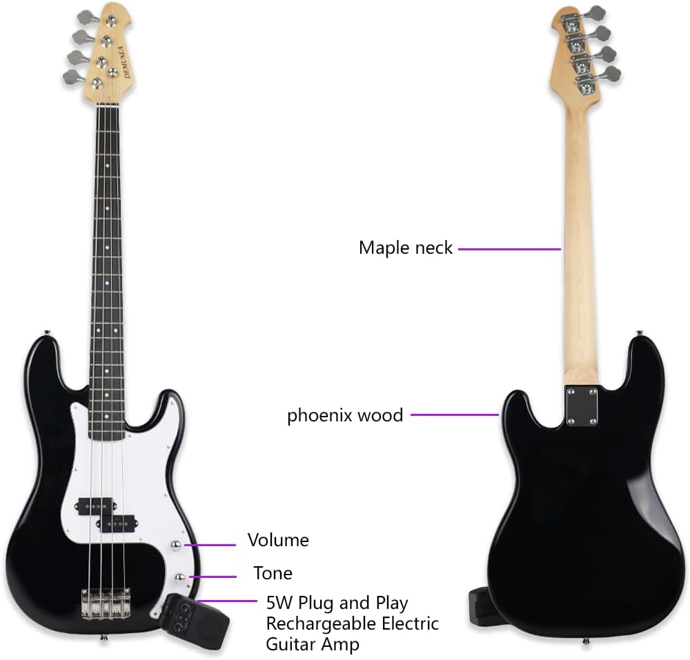 Full size 4strings electric bass guitar kit package black color with 5W portable plug and play amplifier travel amp set with strap gig bag bundle for beginner starter practice (BKPB-30)