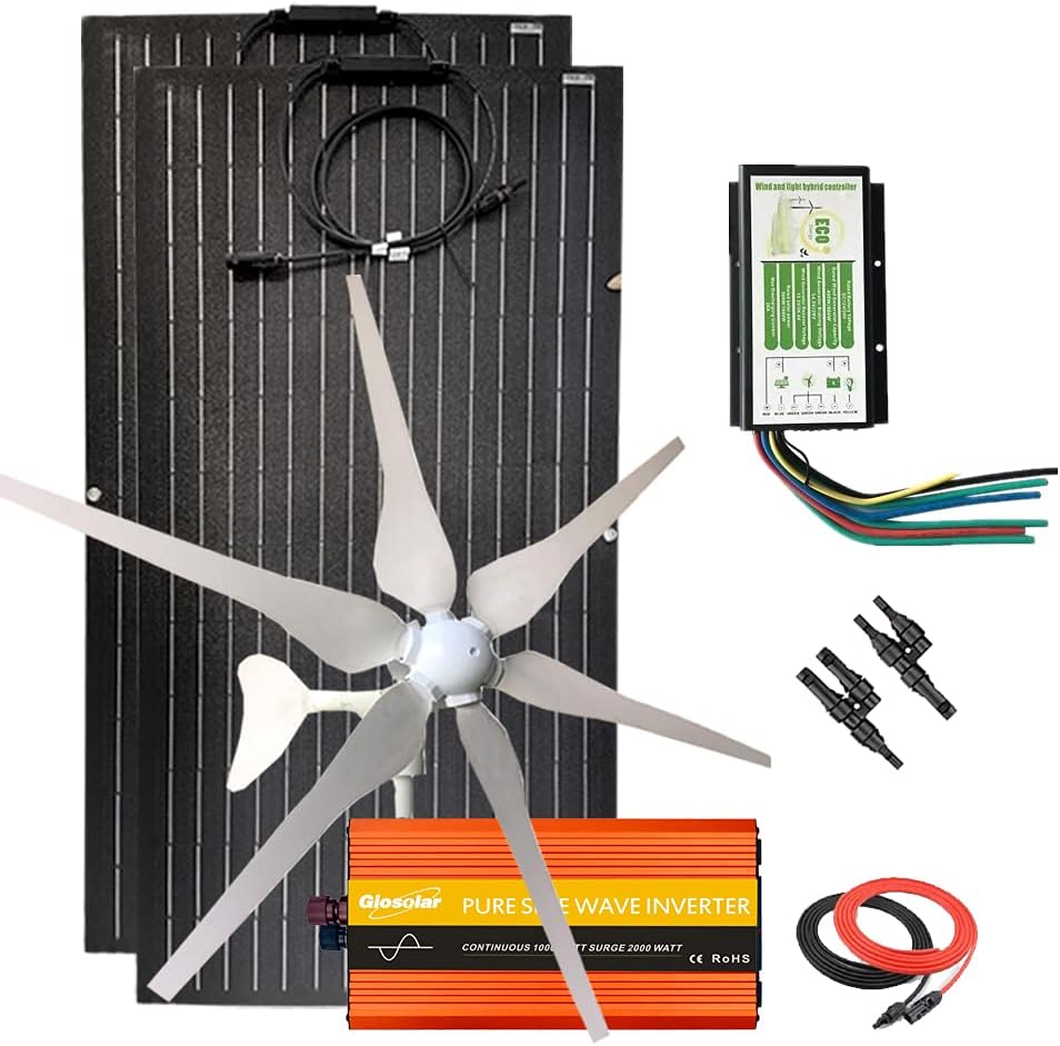 200W ETFE Flexible Monocrystalline Solar Panel + 400W 12V/24V Wind Turbine Generator + Hybrid Controller + 1000W Power Inverter + Solar Extension Cable (600W Solar Wind Hybrid Kit for Travel Trailer)