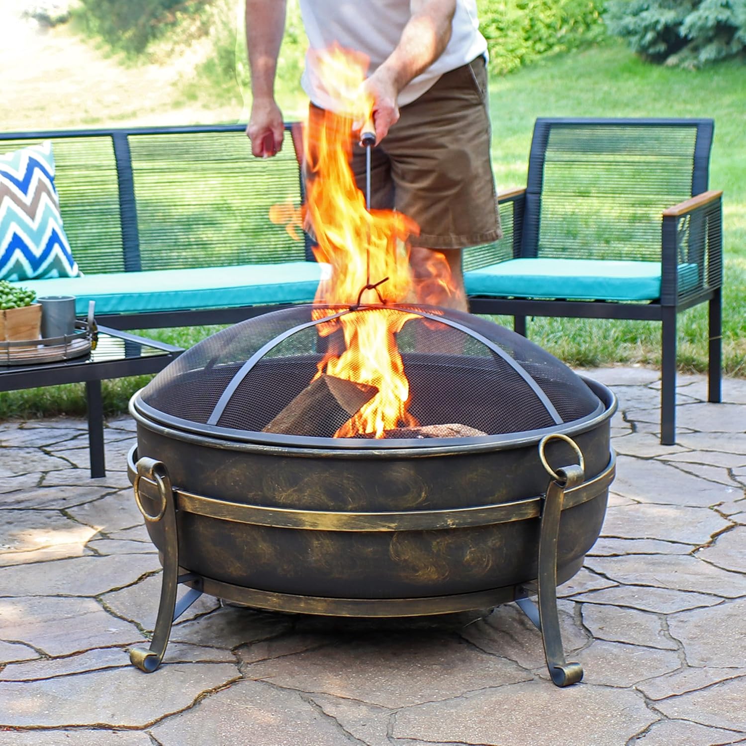 Sunnydaze 34-Inch Large Fire Pit for Outside - Wood-Burning Fire Pit Bowl for Outdoors with Spark Screen, Log Poker, and Grate