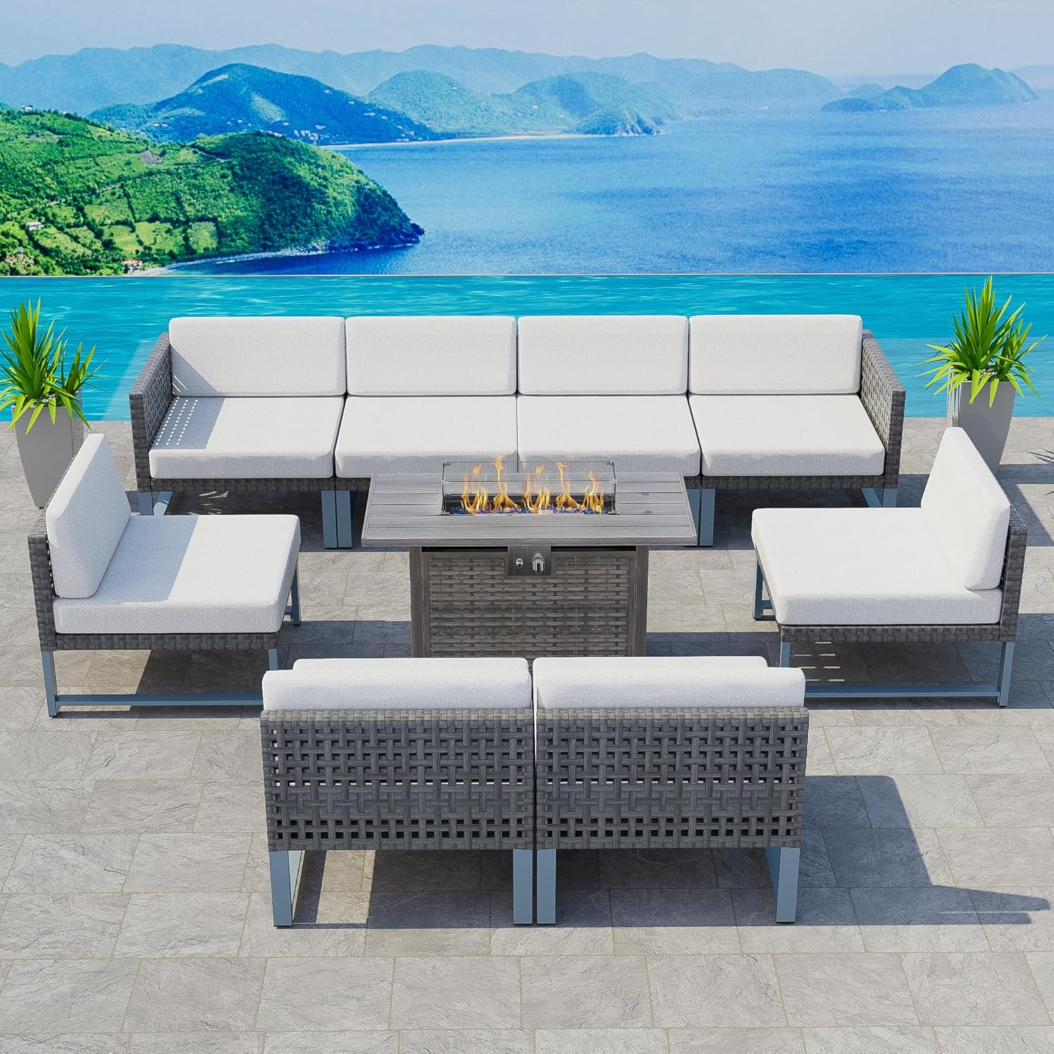 Patio Furniture Set 9Pcs Outdoor Furniture Sectional Couch Fire Pit Table Balcony Furniture Patio Table and Chairs Set with Propane Firepit (Black Wicker, 9pcs /Rectangular Fire Pit)