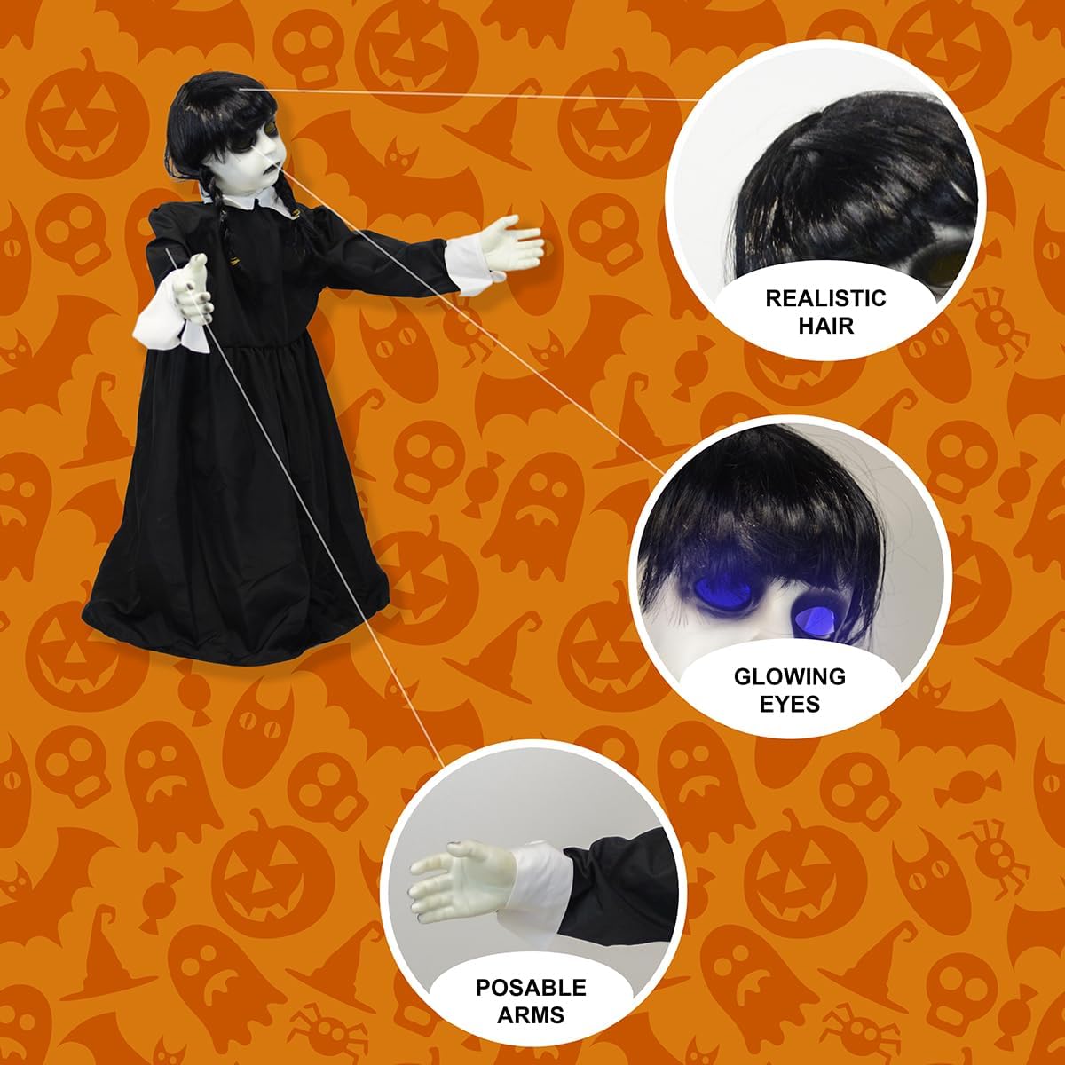 Treasure Gurus Scary Swaying Pigtails Girl Ghost Animatronics LED Light Up Eyes Spooky Sounds Haunted House Prop Halloween Party Decorations