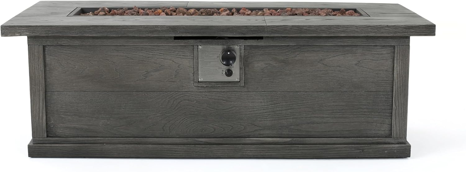 Outdoor Propane Fire Pit Table for Outside Patio, 56 Inch Concrete Fire Pit Table, Rectangle Gas Fire Pit for Garden, Pool, Backyard, 50,000 BTU, Free Lava Rocks, Gray Wood Pattern