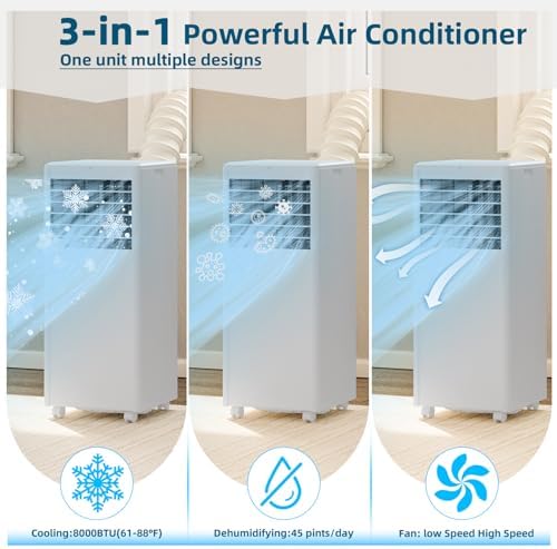 8000 BTUs Portable Air Conditioner with Efficient Cooling, Quiet Portable Cooling AC Up to 350 Sq.Ft. with Dehumidifier, Fan, Sleep Modes, 3-in-1 AC Unit with 24H Timer, White Top Cover