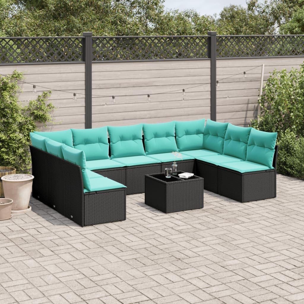 10 Piece Patio Sofa Set, Black Poly Rattan Outdoor Furniture with Cushions, Tempered Glass Table, Storage Function for Backyard, Terrace