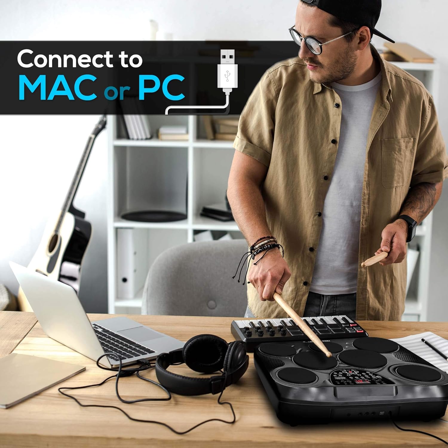 Pyle Electronic Tabletop Digital Drum Set, Compact Portable Drum Pad Kit w/ 8 Touch Sensitive Pads and Pedals, 600 Sounds, USB & Headphone Outputs, MIDI/AUX Inputs, 4x5” Drums & 4x3.5” Cymbals