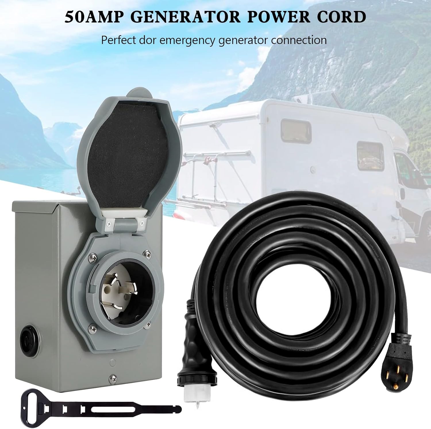 Artudatech 50Amp Generator Cord 25FT+Power Inlet Box Waterproof Combo Kit RV Extension Cord