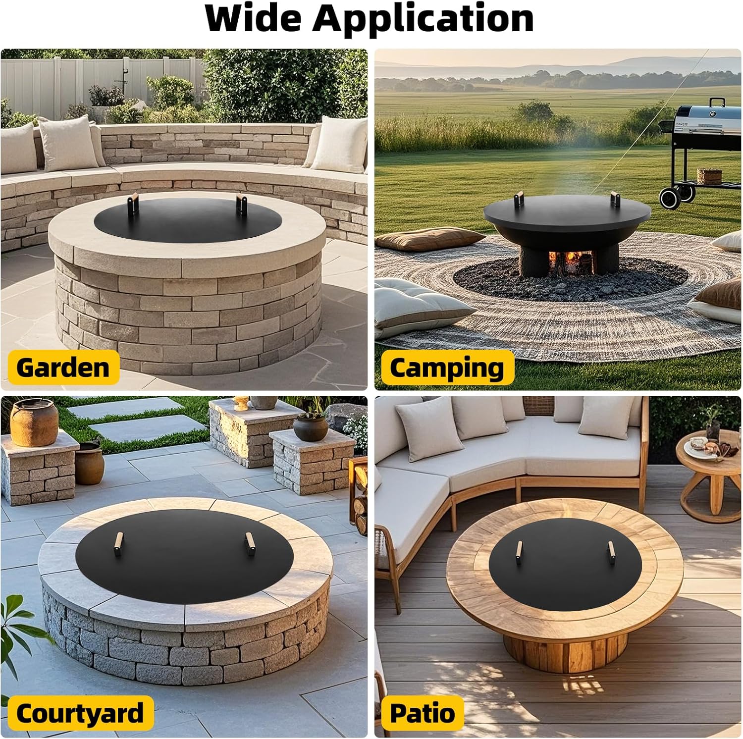 G GOOD GAIN Firepit Lid Round 38 Inch - Rust Resistant Fire Pit Lid Cover with Wooden Handle & Gloves, Fire Pit Snuffer Lid for Courtyards, Patio, Winter Cold Protection. Fits Fire Pits Up to 36