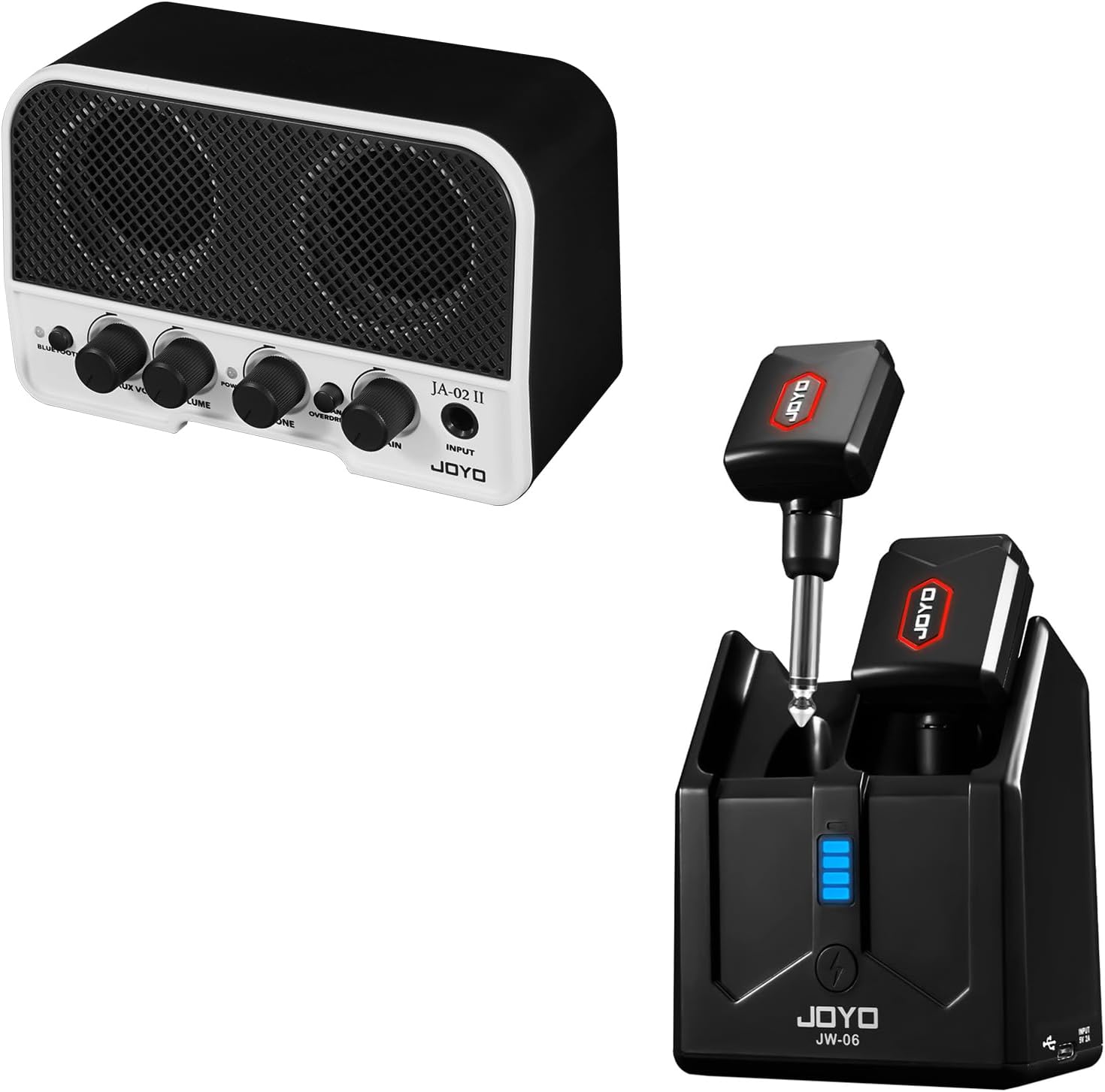 JOYO 5.8GHz Wireless Guitar System with Charging Box (JW-06) and 5W Mini Guitar Amplifier (JA-02 II)