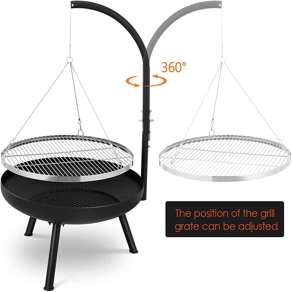 Outdoor Bbq Fire Pit Bowl Tripod Hanging Swivel Grill Adjustable for Camping