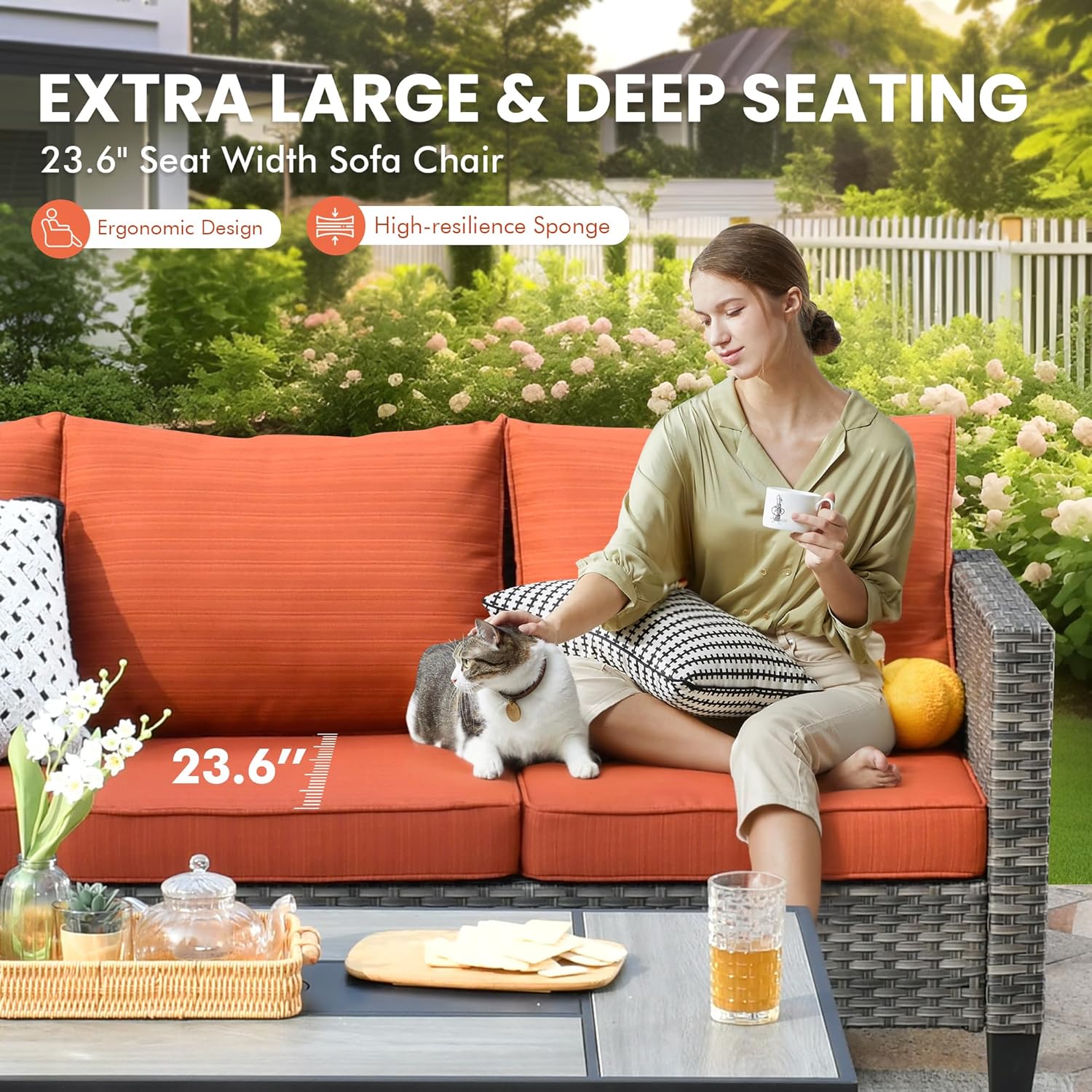 10 PCS Patio Outdoor Furniture Set w/Fire Pit Table,All Weather Wicker Outdoor Seating Sectional Sofa Set,Patio Outside Conversation Sets for Deck Yard Porch,Orange Red