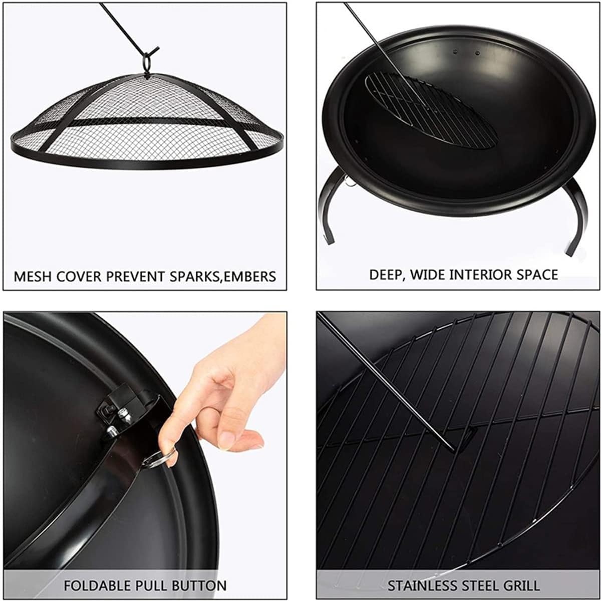 Fire Pit Fire Pit, 21'' Outdoor Patio Steel Fire Pit Wood Burning BBQ Grill Firepit Bowl with Round Mesh Spark Screen Cover Fire Poker