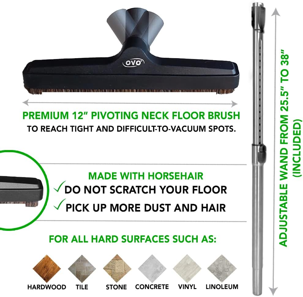 OVO Central Vacuum Deluxe Plus Kit, 50ft ON/Off Low-Voltage Hose, Air Driven Carpet Beater, 12’’ Premium Floor Brush, Cleaning Tools and Easy Storage Accessories