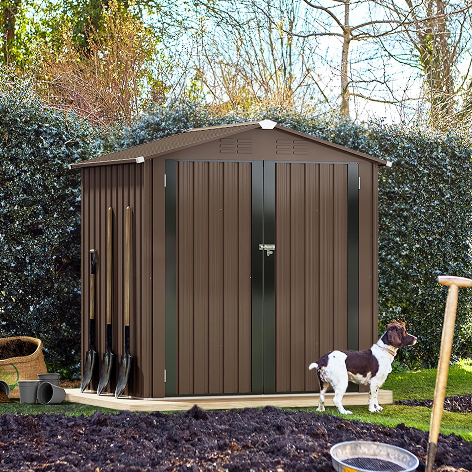 DWVO 6' x 4' Outdoor Storage Shed, Large Metal Tool Sheds, Heavy Duty Storage House with Lockable Doors & Air Vent for Backyard Patio Lawn to Store Bikes, Tools, Lawnmowers,Brown