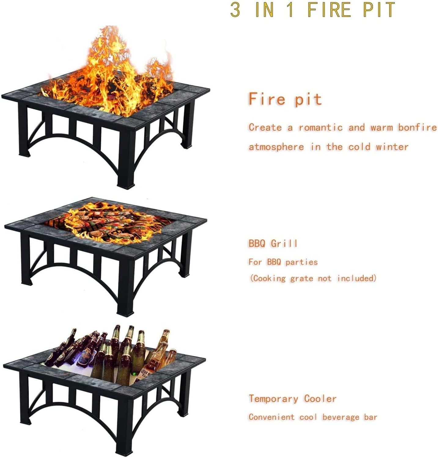 35 Inch Outdoor Patio Fire Pit Table, Wood Burning Square Marble Tile Top, Durable Alloy Steel Fire Table for Backyard, Garden, and Outdoor Gatherings