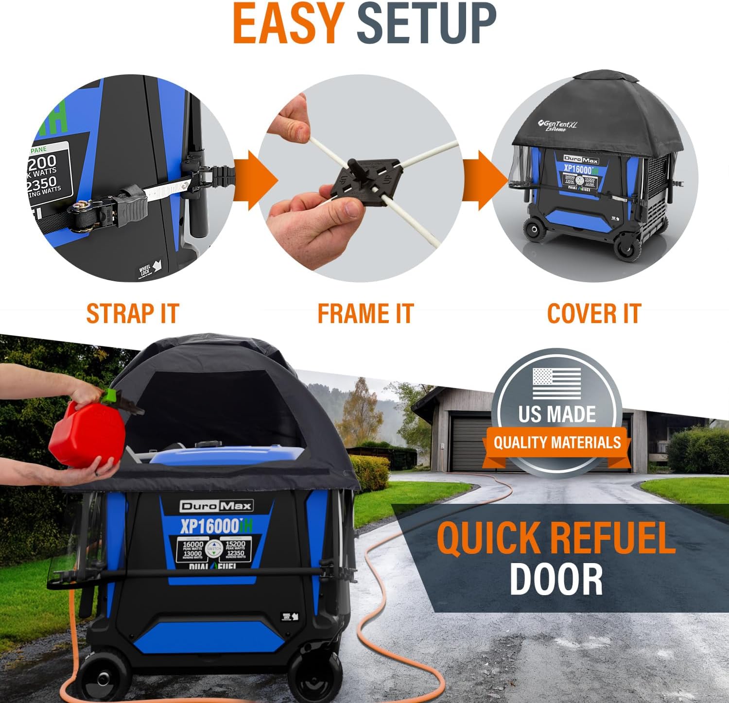 GenTent XL Inverter Generator Tent – NFPA FR Dual‑Coated Vinyl Running Cover, Waterproof and Cold‑Crack Tough, for Operating Larger Fully Encased Inverter Generators in Wet Weather (Extreme, Black)