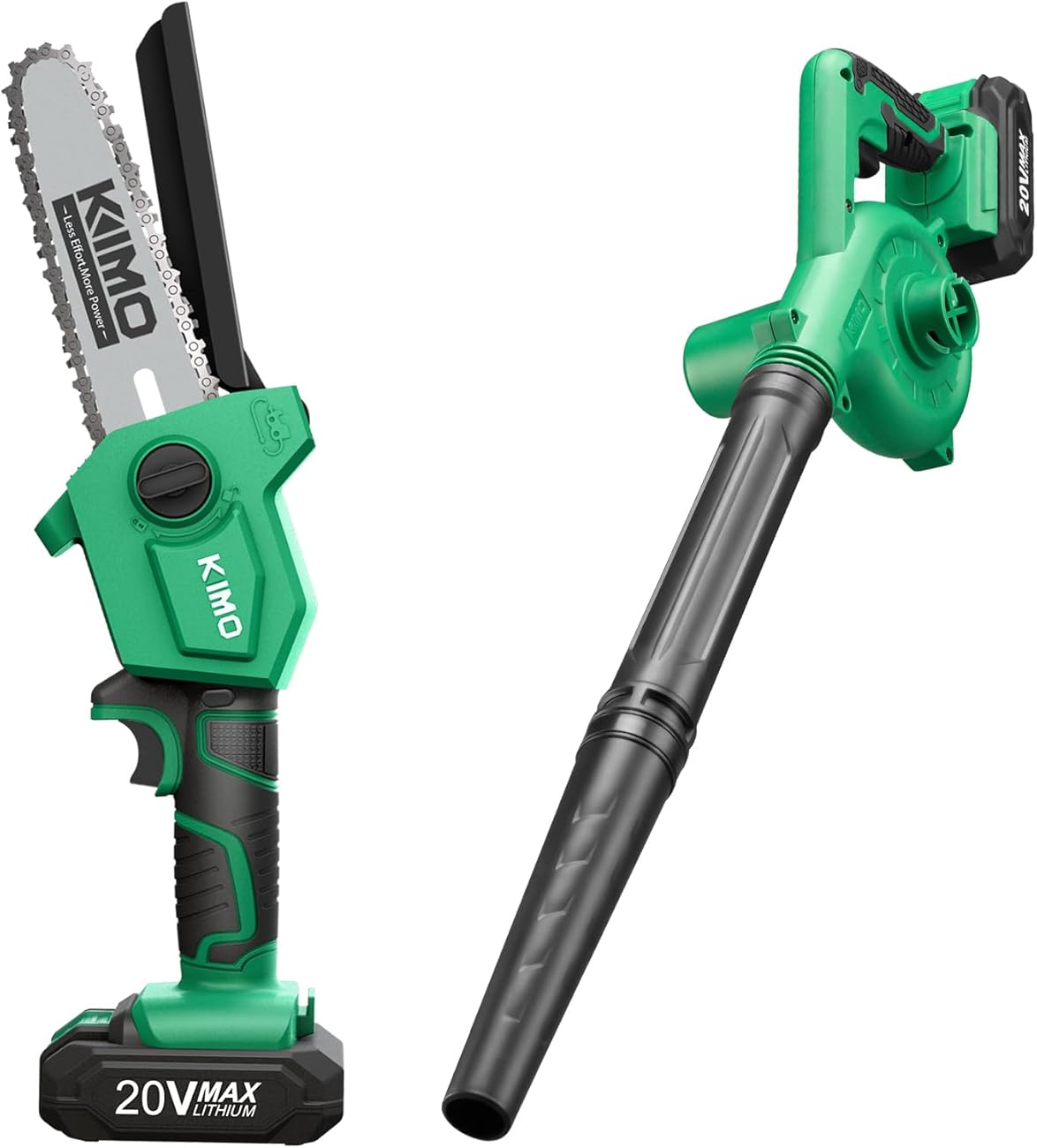 K I M O. Cordless Leaf Blower Vacuum Combo 4 IN 1, 3 Nozzles for Inflation & Deflation,3 Modes + Mini Chainsaw 6 Inch, 2.3Lb Handheld Chainsaw, 2Pack Battery Powered Chainsaw w/13.2 ft/s Quick Cutting